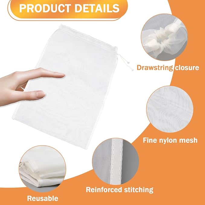 6 PCS Nut Milk Bag Filters, 8×12 Inch Fine Mesh Cheese Cloth Strainer Bag, Reusable Food Filters, Multi-Purpose for Filtering Juice, Cheese, Coffee, Tofu, Yogurt and Tea