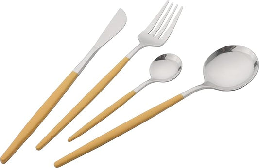 Silverware Set, 24 Pcs Stainless Steel Flatware Cutlery Set, Knives Forks and Spoons Set with Colored Handles, Rust-proof Serving Utensils, Mirror Polished, Service for 6 (Silver+Yellow)