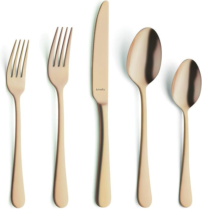 Amefa Austin 20pc Flatware Set - 18/0 Gold Stainless Steel Silverware Set, Knives Forks Spoons - Dinnerware Utensils Gold Silverware