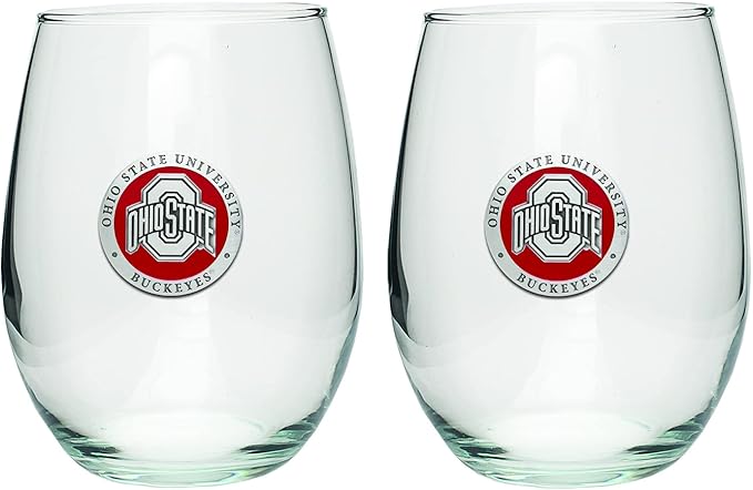 Heritage Pewter Ohio State Buckeyes Stemless Glass Goblets – Set of 2 | 15 OZ Goblet Wine Glasses | Expertly Crafted Pewter Glass