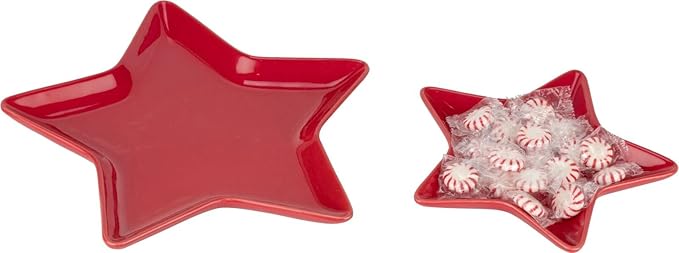 Holiware - Fun Holiday Dinnerware Set of 2 Ceramic Red Star Shaped Dishes Service Candy/Dessert/Plates/Dishes