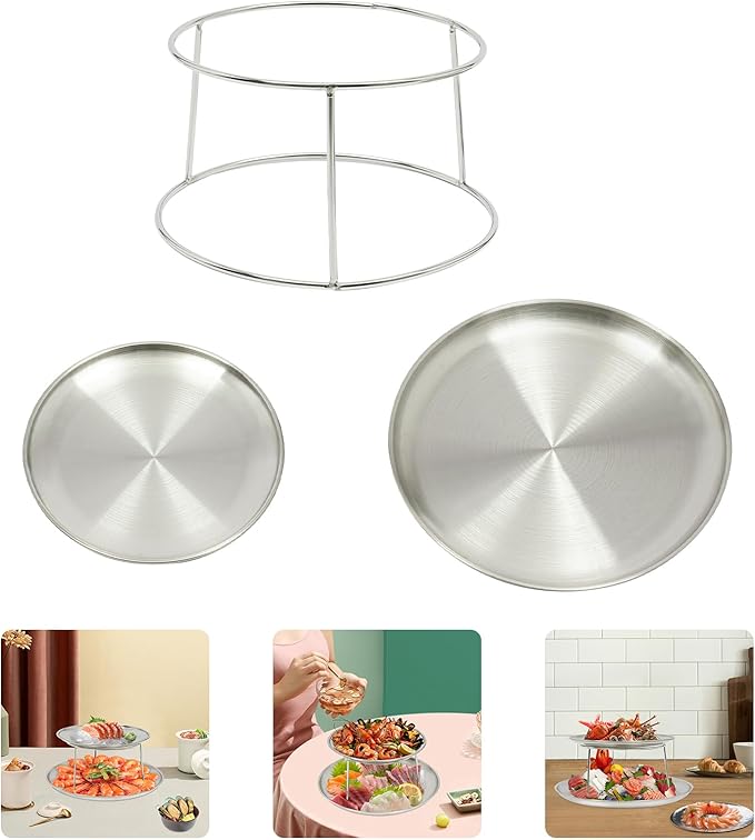 2 Tier Seafood Serving Tray, Silver Round Plate with Bracket for Lobster Shrimp Oysters Buffet Catering Events Shrimp Crab Veggie Serving Display