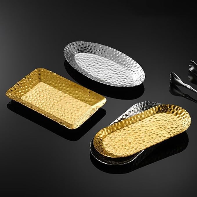 Mini Serving Platter Stainless Steel Serving Tray Hammered Square 6.3 x 4 Inch Small Dessert Plates Coffee Table Tray Decorative Plates for Kitchen Party Gold