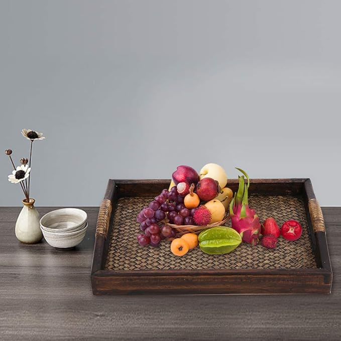 Woven Rattan Rectangle Serving Tray, 9 in Hand Woven Rattan Serving Tray Hand-Made with Raised Handles and Wood on All Sides Decorative for Dining Coffee Table Tea Party