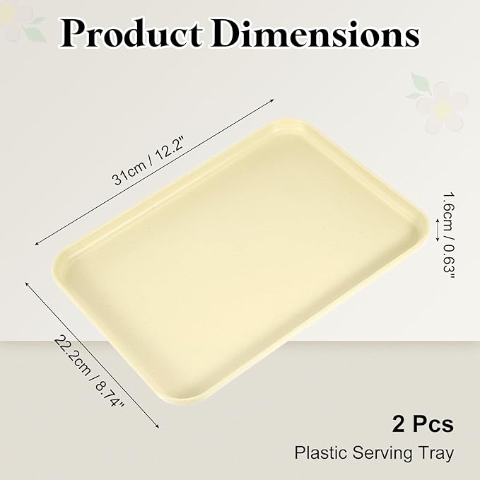 uxcell 2Pcs Plastic Serving Trays, 12.2 x 8.7 Inch Rectangle Food Trays Serving Cafeteria for Kitchen Restaurant Coffee Fruit Burger Lunch Dessert, Light Yellow