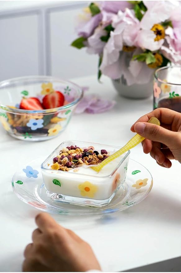 Ivymei 2 Pack Small Dessert Bowl Floral Candy Bowl Candy Dish,Mini Square Glass Bowl for Snack Yourt Icecream,Dipping,Side Dishes,Meal prep(pink)