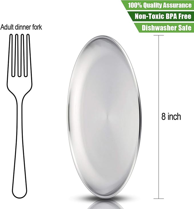 HaWare 6-Piece 18/8 Stainless Steel Plates, Metal 304 Dinner Dishes for Kids Toddlers Children, 8 Inch Feeding Serving Camping Plates, Reusable and Dishwasher Safe