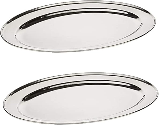 Set of 2 Stainless Steel 14” Oval Platter- Serving Platters for Appetizer Snack Fruit Cup Cake Server Tray Display Serving Dishes for Entertaining