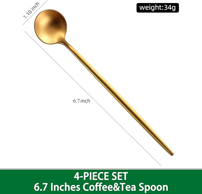 Satin Gold 6.7 Inches Coffee Spoon,4 Pieces Stainless Steel 18/10 Tea Spoons Set,Solid Round Handle Coffee Stirring Spoon,Durable Dishwasher Safe Long Handle Ice Cream Spoons,Teaspoon