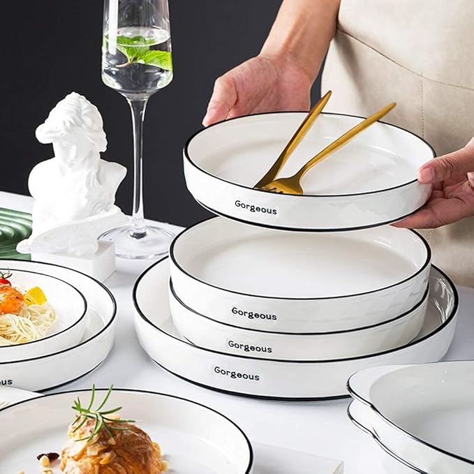 60 Pieces White Dinnerware Set Dishes - Dinner Plates and Bowls Sets Service for 12, Luxury Ceramic Dishes Set, Nordic Style Black Line Diamond Pattern, for Family Friend (White 60 Pcs)
