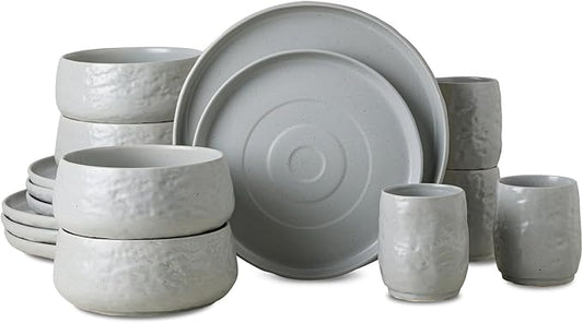 Stone by Mercer Project SHOSAI 16-Piece Stoneware Dinnerware Set, Plates and Bowls Set, Modern Dishware set fo 4, Grey Speckled
