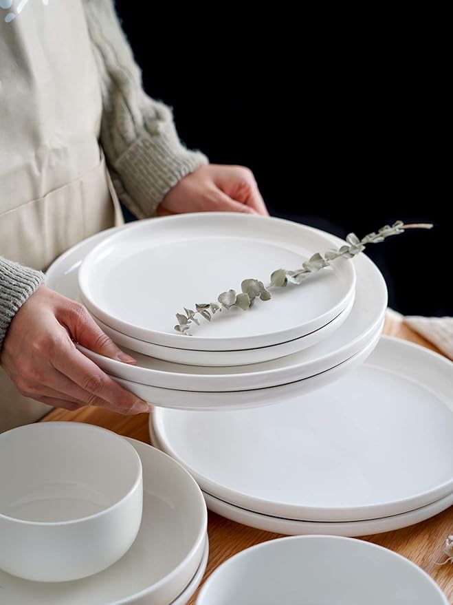 Kanwone Porcelain Dessert Salad Plates - 8 Inch - Set of 6, White, Microwave and Dishwasher Safe Plates, White Dishes, Morden Plates