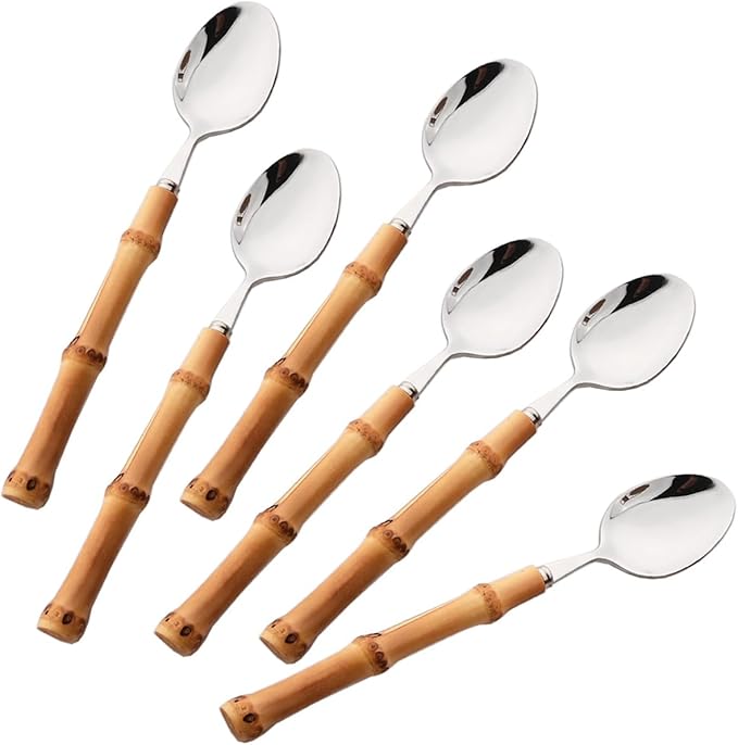6-Piece Bamboo Silverware Set, Stainless Steel Flatware Hostess Serving Set Bamboo Utensils Tableware Set for Home Camping Travel Hotel - 6pcs Dinner Spoon