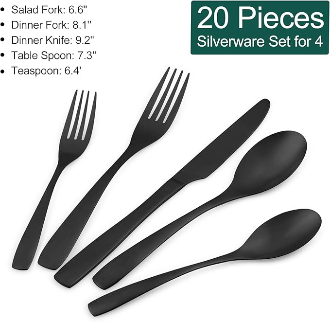 40 Piece Silverware Set, Bettlife Matte Black Silverware Set for 8, Stainless Steel Flatware, Utensil Sets Cutlery Set for New Apartment, Minimalist, Dishwasher Safe