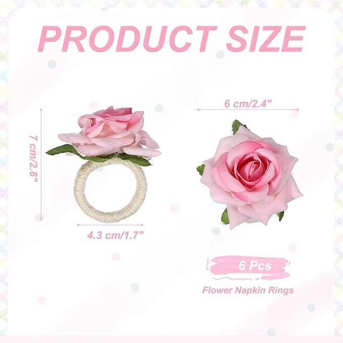 uxcell 4Pcs Flower Napkin Rings, Handmade Rose Napkin Ring Holders Buckles Table Decorations for Christmas Thanksgiving Valentine Decor Wedding Parties, Banquet, Home, Pink