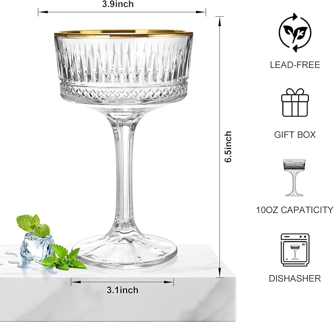 Whisquor 4Pcs Coupe Glasses, 10oz Crystal Martini Glasses with Gold Rim, Vintage Coupe Cocktail Glass, Martini Glassware for Espresso, Champagne, Cosmopolitan, Manhattan