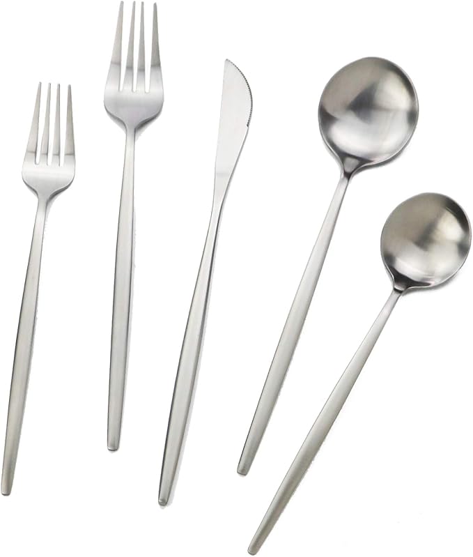 Silverware Set JASHII 40 Pieces Flatware Set 304 Stainless Steel Flat Cutlery Set for 8 Matte Kitchen Forks Knife Spoons Set, Satin Finish Tableware Set for Home and Restaurant, Dishwasher Safe