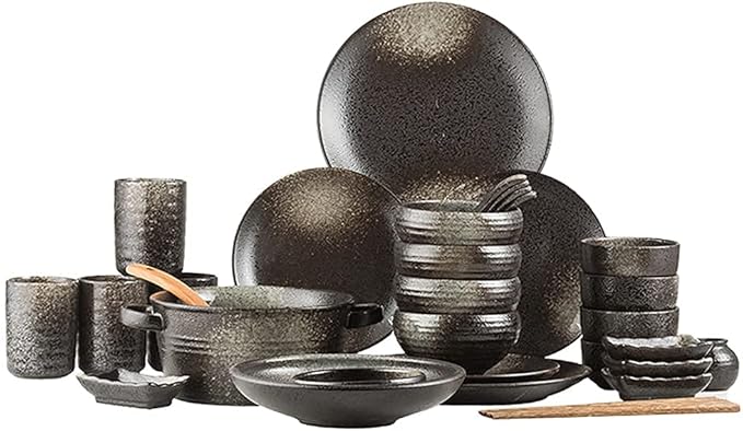 34-Piece Dinnerware Sets, Creative Green Ink Porcelain Tableware Set with Plates Bowls and Cups, Ceramic Dinner Set for Home Kitchen and Dining, Microwave and Dishwasher