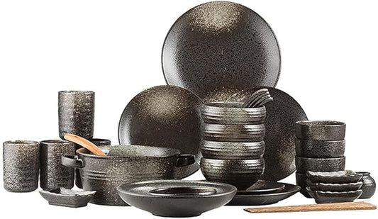 34-Piece Dinnerware Sets, Creative Green Ink Porcelain Tableware Set with Plates Bowls and Cups, Ceramic Dinner Set for Home Kitchen and Dining, Microwave and Dishwasher
