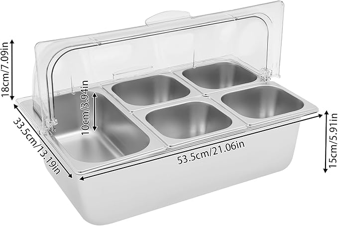 5 Pans Ice Food Serving Display Container w/Clear Roll Top Cover, Stainless Steel Serving Tray Catering Supplies Buffet Display Condiment Dispenser Plate Case for Restaurant Hotel Kitchen