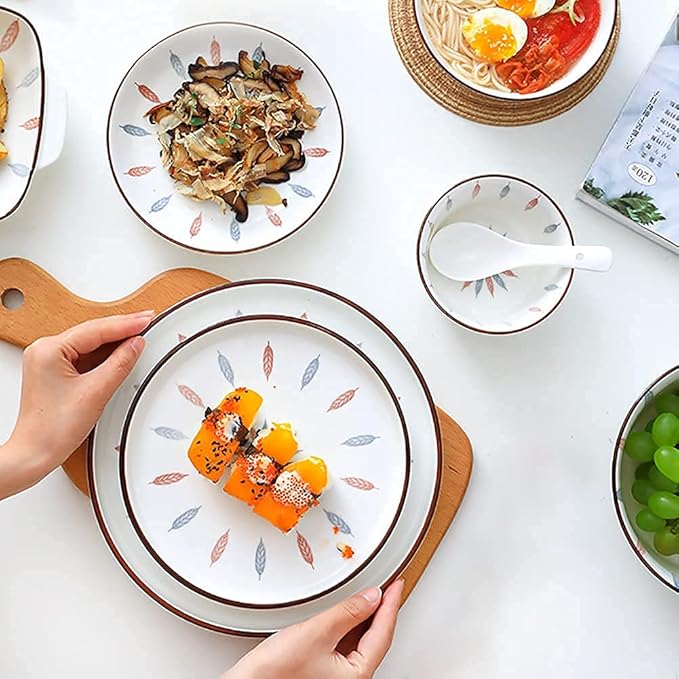 Kitchen tableware set,Ceramics Dinnerware Set, 32 Pcs Retro White Underglaze Color Dinner Set, Plates and Bowls Set with Leaf Pattern for Restaurant Family Gathering