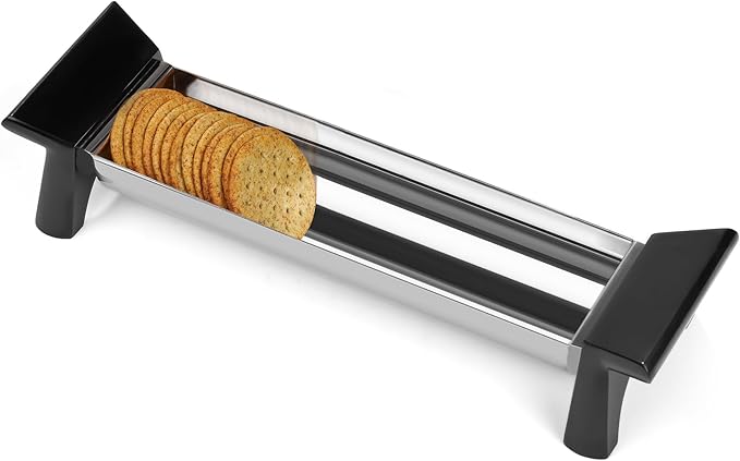 Nambé Circa Cracker Tray - Stainless Steel Snack & Appetizer Server, 4” x 15” x 3”, with Black Lacquered Resin Handles - Modern Charcuterie Board, Cheese Platter & Buffet Accessory