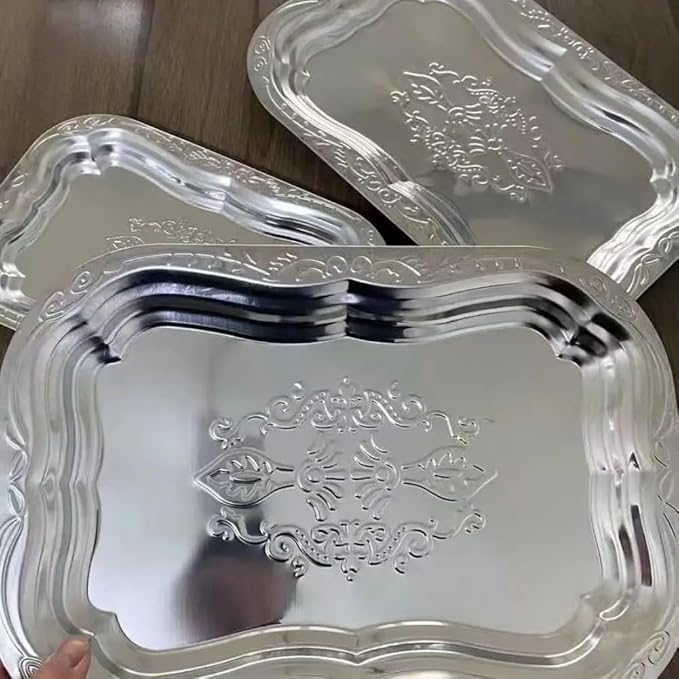 Silver Embossed Cutlery Serving Tray Set Of 3 Pieces Stainless Steel 30cm 35cm 40cm For Wedding Events Parties Large Gatherings Food Display Decorative Elegant