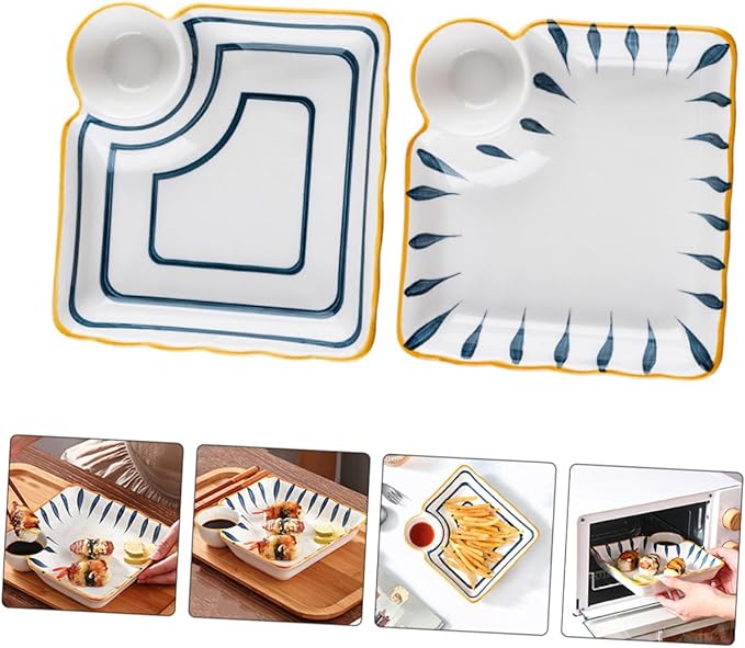 Zerodeko 2pcs Dumpling Serving Plate with Sauce Divider Japanese Style Food Platter for Noodles Sushi and Appetizers for Home and Restaurant Use