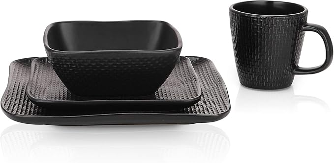 Stone Lain 16 Piece Stoneware Dinnerware set, Square, Weave, Black