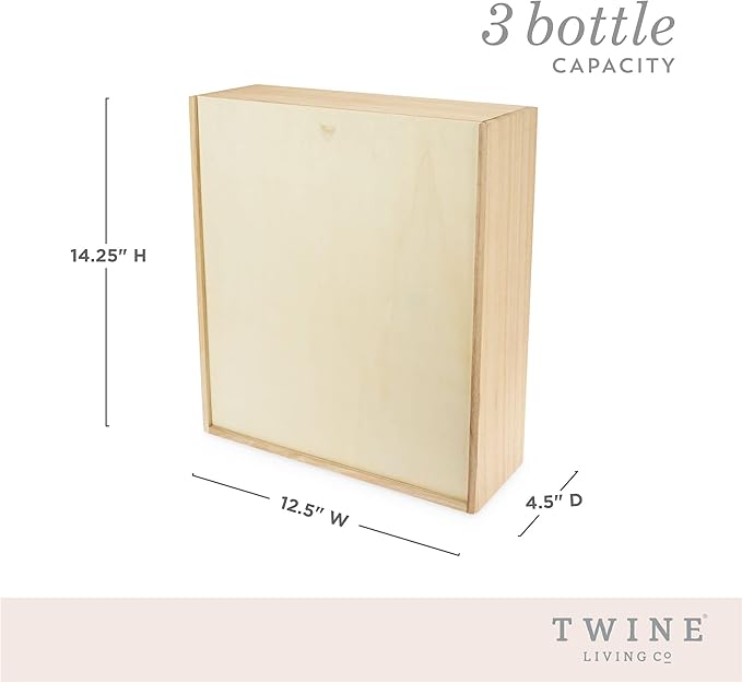 Twine Paulownia Wood Wine Box with Sliding Lid, Fits 3 Standard Wines or Champagne Bottles, Festive Wine Gift Box with Packing Straw for Holidays, Celebrations, Parties, Housewarming Gifts