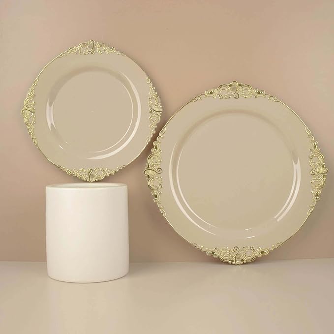 8" Salad Plates -Set of 30 - Plastic Taupe Round Baroque Disposable Chargers Leaf Embossed Rim, Ideal for Dinner Party Wedding Bulk Events