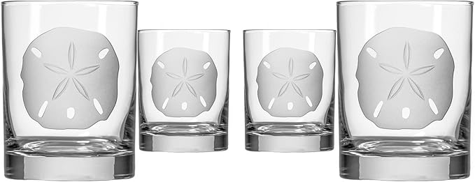 Rolf Glass Sand Dollar Double Old Fashioned Glass 13 ounce | Whiskey Glass Set of 4 | Lead-Free Glass | Etched Tumbler Glasses | Proudly Made in the USA