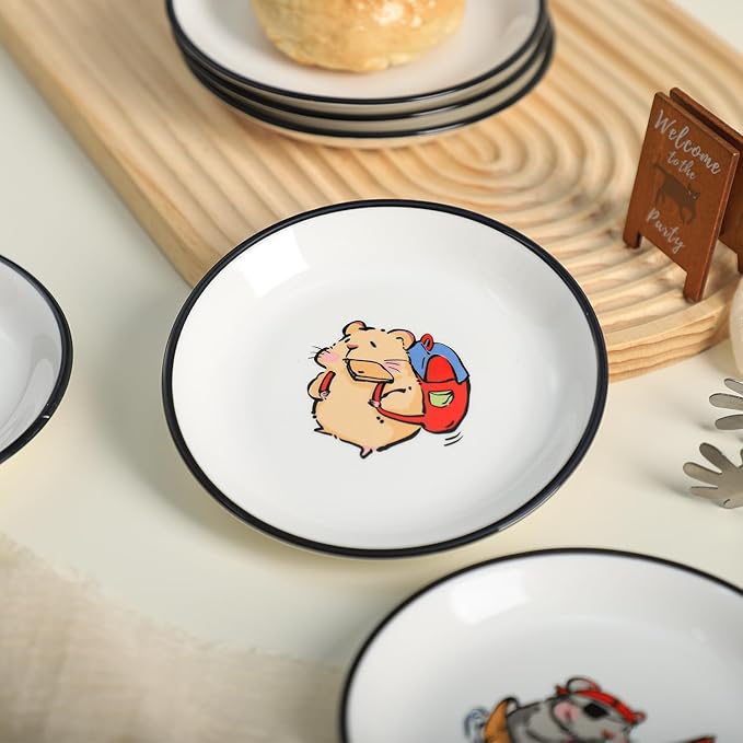 SOCOSY Super Cute Cartoon Animals Ceramic Sauce Dishes, Seasoning Dishes, Little Cat Dog Bird Feeding Bowls, Sushi Soy Dipping Bowls, Appetizer Plates, Dessert Plates-Busy Hamster-5 Inch