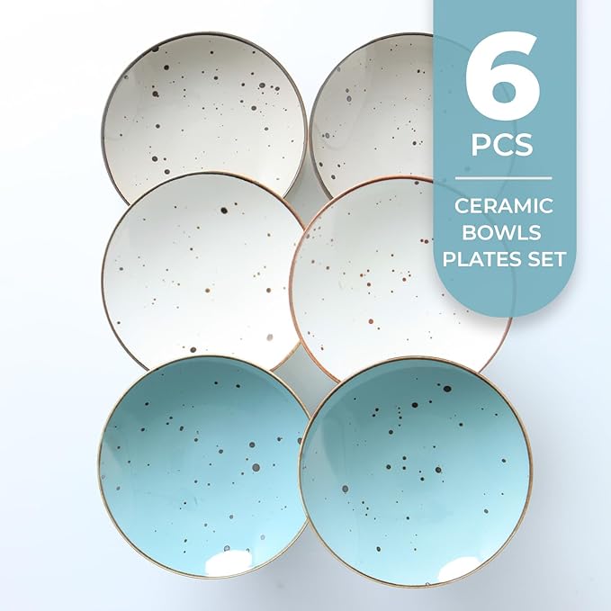 Esfour Ceramic 7.84inch Serving Bowls - Set of 6 | 20 Oz Large Pasta Salad Bowls, Microwave/Oven Safe, Wide Shallow Porcelain Bowls for Party, Dinner, Entertaining, Stackable - Natural Assorted Colors