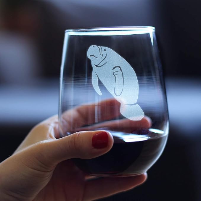 Bevvee Manatee Stemless Wine Glass - Funny Ocean Animals Themed Decor and Gifts for Sea Creature Lovers - Large 17 Oz