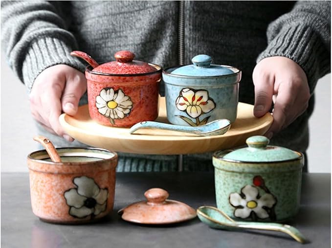 Handmade Ceramic Sugar Bowl with Lid and Spoon, 9oz Porcelain Condiment Jar with Hand-Painted Floral Design, Colorful Seasoning Container for Sugar, Salt, Spices Kitchen (Red)