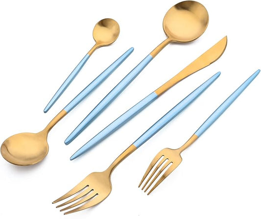 24-piece Snplowum Matte Gold Tableware, 18/10 Stainless Steel Utensils Heavy Serving Set With Blue Handle For Dinner & Dessert Home Restaurant Flatware Set, Service For 4 (Blue Gold)