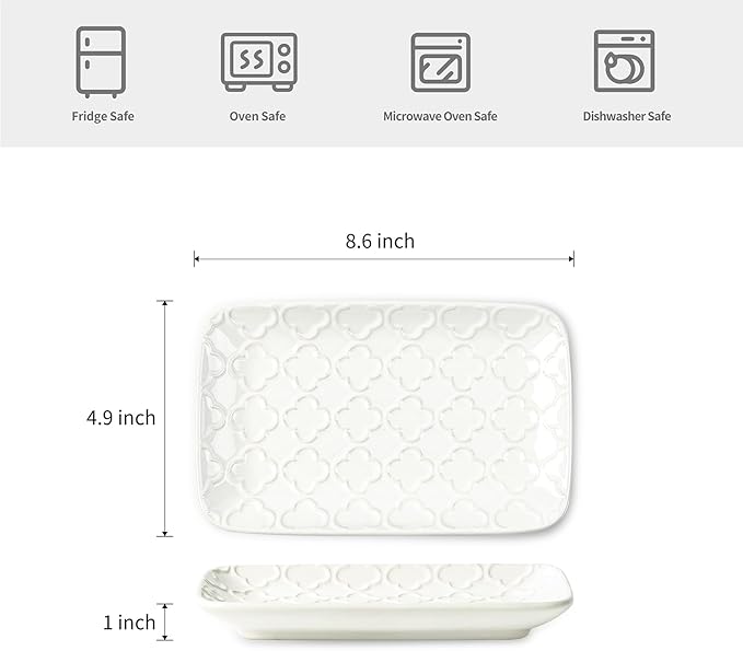 Sureasy Ceramic Salad Plates, Rectangular Appetizer Plates 8 inch, Small Serving Plates for Entertaining, Small Dinner Plates Set for Dessert, Sushi, Embossed Porcelain Dish, Set of 4, White