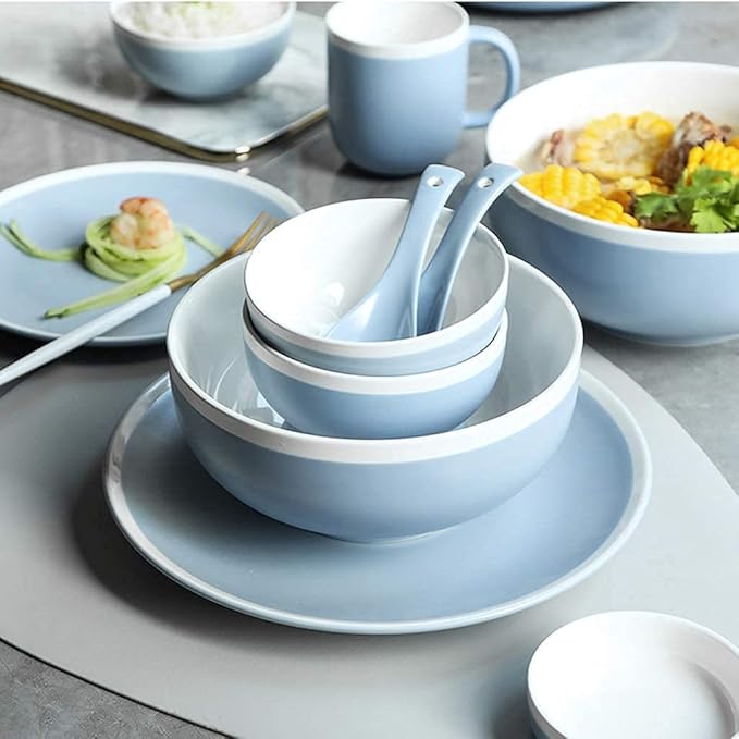 Elegant China Dinnerware Set,Dinner Plate Ceramics Dinner Sets, 38 Pieces Matte Blue and White Border Porcelain Combination Set Bowl Dish Mug | Nordic Style Hotel Dinnerw