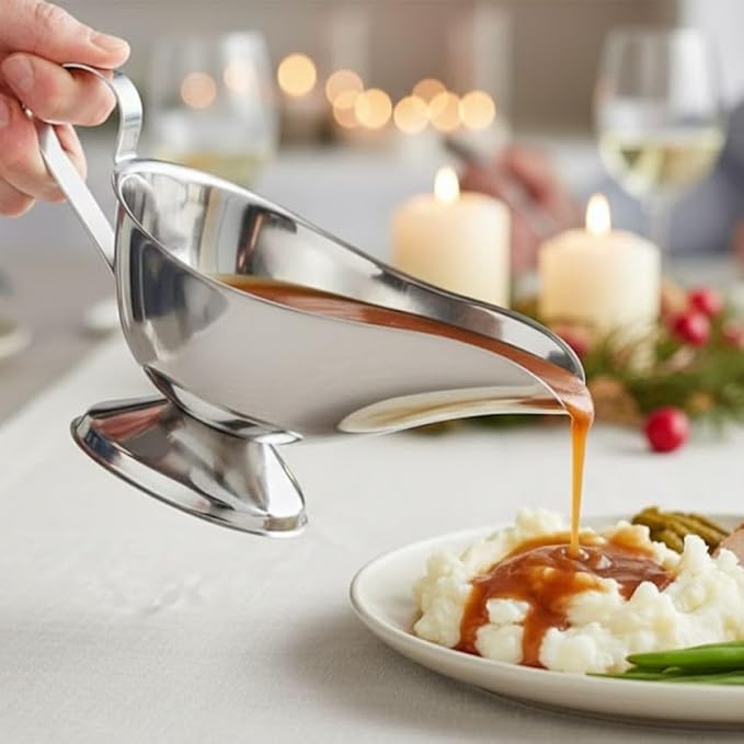 Soro Essentials- 16 oz. Stainless Steel Gravy Sauce Boat Gadroon Base with Loop Handle Set of 2- Restaurant Gravy Boat Dripless Lip Spout Serving Dish Gravy Bowl for Sauces Gravy Salad Dressings Milk