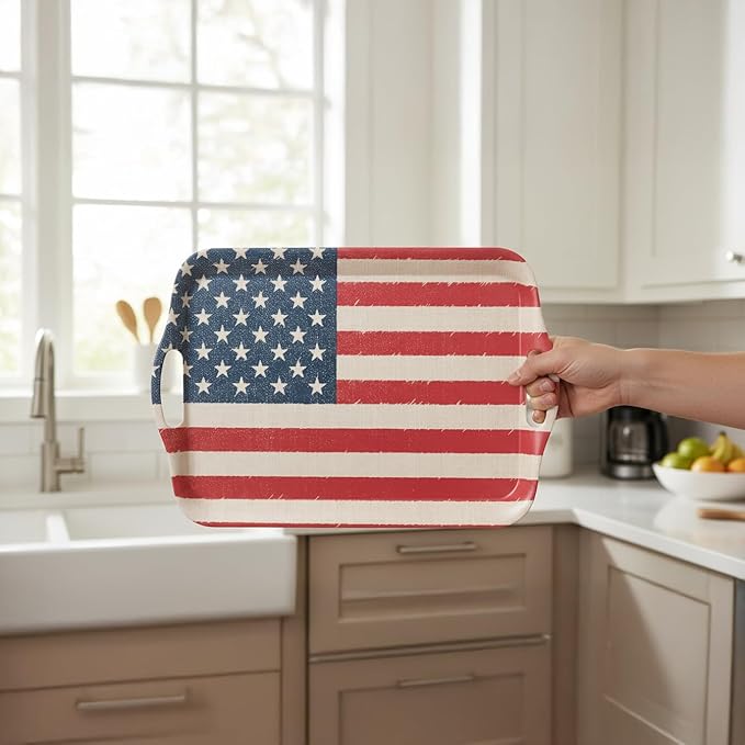 KINGEN 2-Pack Patriotic Bamboo Fiber Serving Trays - 18×13-inch Extra Large w/Handles Tray, Stars & Stripes Platters for 4th of July, Christmas, Birthday, BBQ, Party - Red, White & Blue Decor