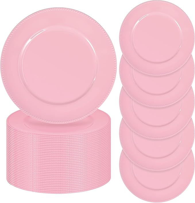 fani 50 Pcs Pink Charger Plates Bulk, 13'' Round Beaded Dinner Charger Plates, Plastic Reusable Vintage Table Decoration for Wedding, Party, Reception, Event, Holiday Supplies