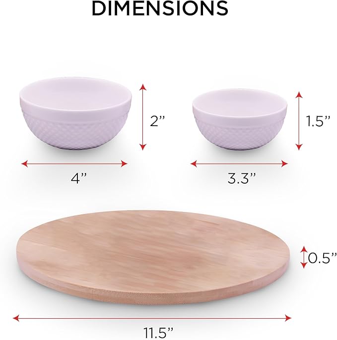 Rotating Bamboo Serving Tray with 6 Small Ceramic Condiment Bowls and 1 Larger Center Bowl - Lazy Susan Style Elegant Serving Set for Dips, Snacks, Appetizers, and More