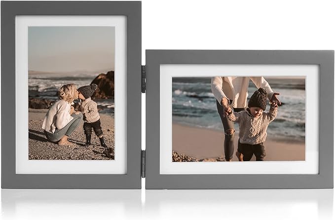 5X7 Double Wooden Hinged Picture Frame Vertical and Horizontal in Gray, Display 4x6 with Mat or 5x7 without Mat, Folding Photo Frame with Real Glass Front for Tabletop P-HUI-SH57