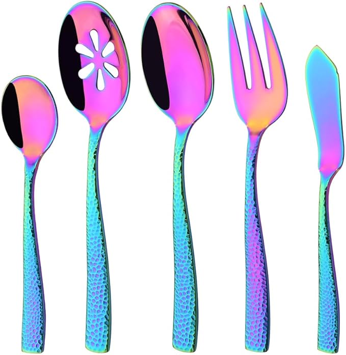 Serving Utensils Set, 5-Piece 18/8 Stainless Steel Hostess Serving Set, Elegant Hammered Serving Utensils for Home Restaurant and Buffet Catering, Heavy and Mirror Polished, Rainbow