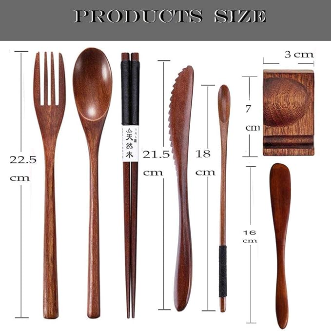 Reusable bamboo Utensils for Eating 8 Pcs Travel Wooden Spoons Forks Chopsticks Cutlery Set with Case Portable Lunch Utensils Silverware Set for Lunch Wood Flatware Set for Eating