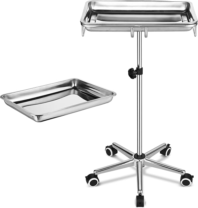 AW Mayo Stand with 2 Trays Stainless Steel Adjustable Height 31"-48" Mobile Medical Cart Trolley 19"x13"x2" Removeable Instrument Trays 5 Pcs Lockable Wheels for Dental Salon Tattoo Esthetician