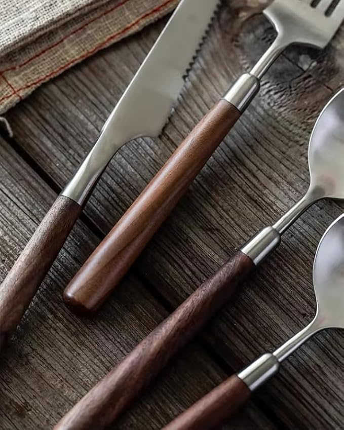 Walnut Wooden Silverware Set Flatware Set for 6 Exquisite Ergonomic Wood Handle Utensil Sets 18 10 Stainless Steel Cutlery Sets Include Fork Knife Spoon Matte Tableware,Dishwasher Safe