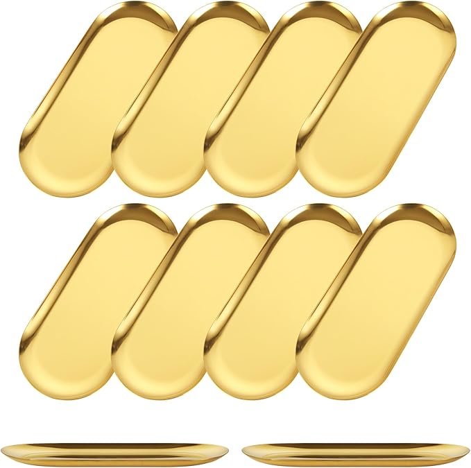 10PCS Stainless Steel Serving Tray Set Gold Platters for Serving Food Extra Small Metal Trays Decorative 7" Long Plate Oval Storage Trays Thickened Serving Dishes for Party Buffet Sushi Snack