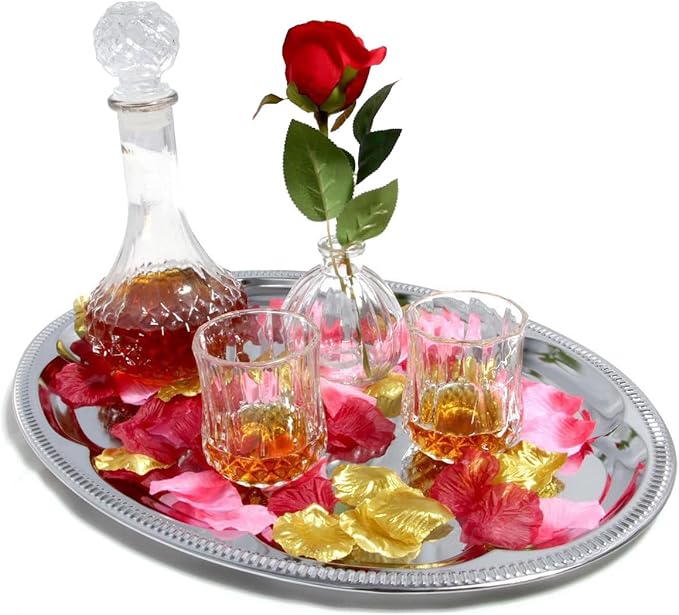(Pack of 4) 18.1 inch x 13.3 inch Traditional Oval Floral Pattern Engraved Catering Chrome Plated Serving Plate Mirror Tray Platter Metal Tableware Holiday Party Large T225-4PK